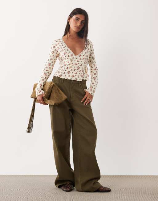 Miss Selfridge pointelle wrap over top in cream ditsy print, 2 of 4