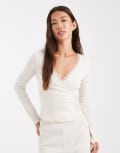 [Miss Selfridge] Miss Selfridge pointelle wrap over top in cream-White 14 CREAM