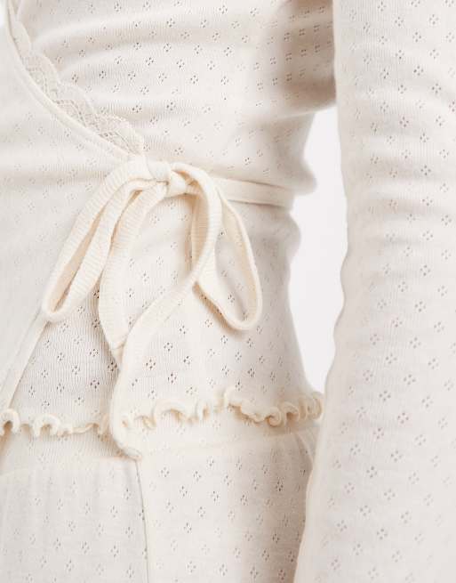 Miss Selfridge pointelle wrap top in cream