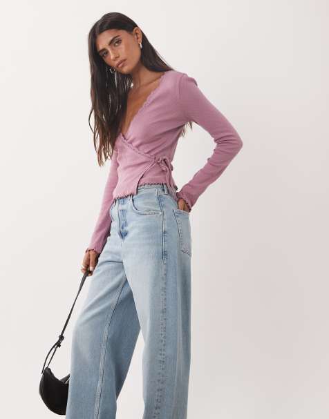 Miss Selfridge pointelle wrap over top in mauve - view 1