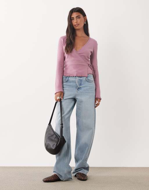 Miss Selfridge pointelle wrap over top in mauve, 2 of 4
