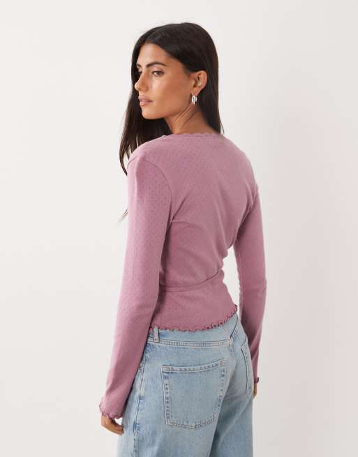 Miss Selfridge pointelle wrap over top in mauve, 4 of 4