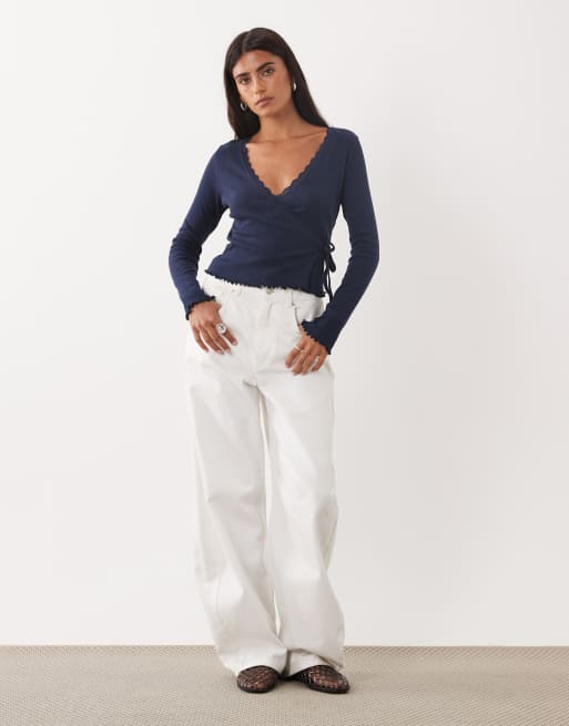 Miss Selfridge pointelle wrap over top in navy, 2 of 4
