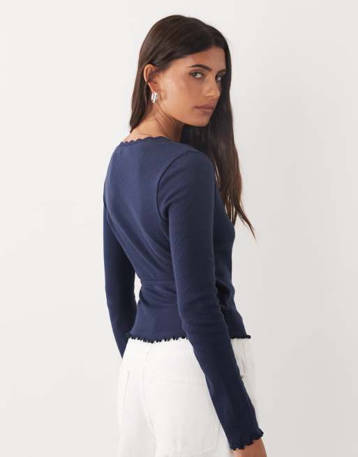Miss Selfridge pointelle wrap over top in navy, 4 of 4