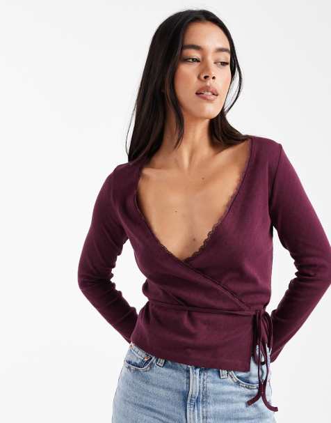Miss Selfridge pointelle wrap over top in plum - view 1