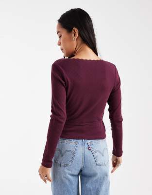 Miss Selfridge Pointelle Wrap Over Top In Burgundy