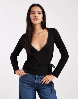 Miss Selfridge Pointelle Wrap Top In Black