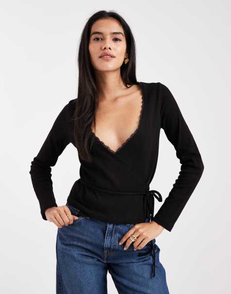 Miss Selfridge pointelle wrap top in black - view 1