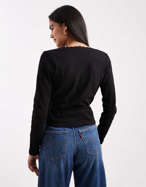Miss Selfridge pointelle wrap top in black