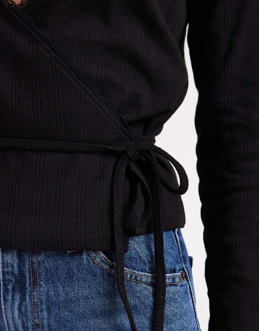 Miss Selfridge pointelle wrap top in black