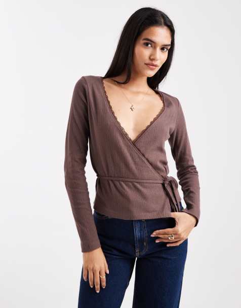 Miss Selfridge pointelle wrap top in chocolate