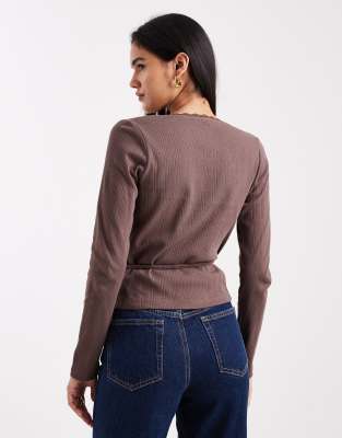 Miss Selfridge Pointelle Wrap Top In Brown