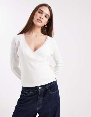 Miss Selfridge Miss Selfridge pointelle wrap top in cream-White