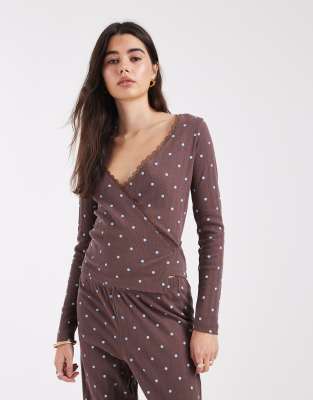 Miss Selfridge Miss Selfridge pointelle wrap top lounge co-ord in chocolate polka dot-Brown