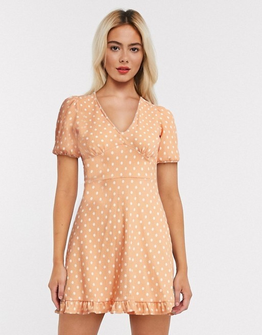Miss Selfridge polka dot mini dress in pale peach