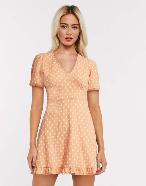 Miss Selfridge Polka Dot Mini Dress In Pale Peach Asos