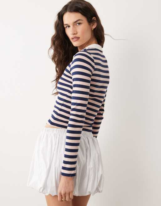 Miss Selfridge - Polo a maniche lunghe a righe blu navy a coste, 3 di 4