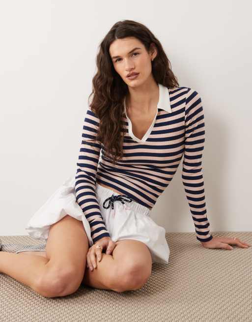Miss Selfridge - Polo a maniche lunghe a righe blu navy a coste, 4 di 4