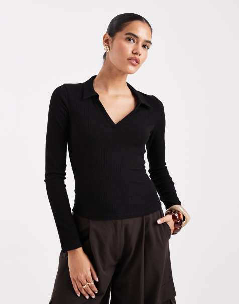 Miss Selfridge - Polo a maniche lunghe nera a coste - view 1