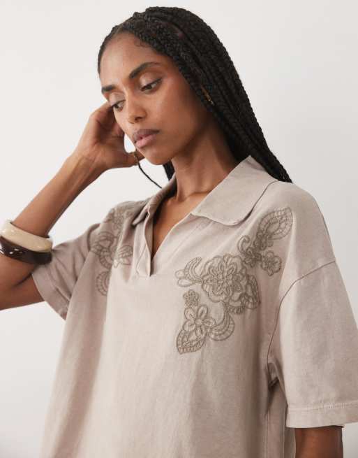 Miss Selfridge - Polo ricamata marrone in coordinato, 3 di 4