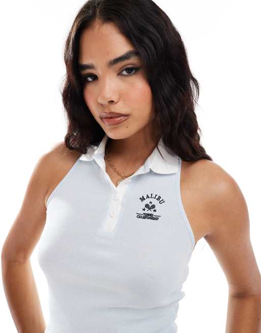 Miss Selfridge - Polotop met open achterkant en racerhals in blauw