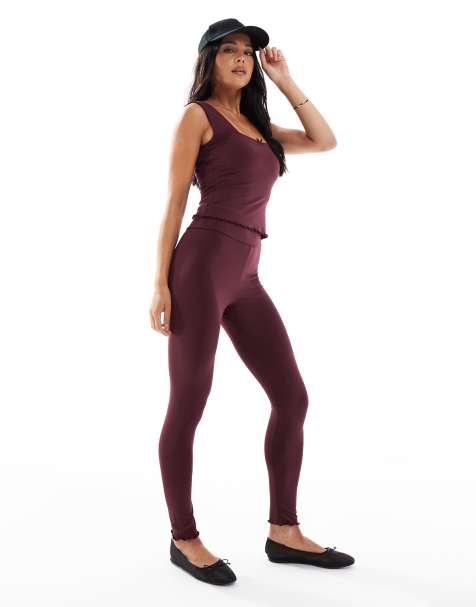 Miss Selfridge polyamide leggings with lace trim in burgundy (part of a set) - view 1