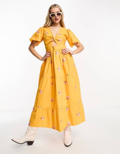 Miss Selfridge – Pomarańczowa popelinowa sukienka warstwowa maxi ze zwiewnymi rękawami w drobny wzór