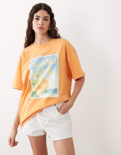 Miss Selfridge – Pomarańczowy T-shirt oversize z nadrukiem wyspy, 3 z 4
