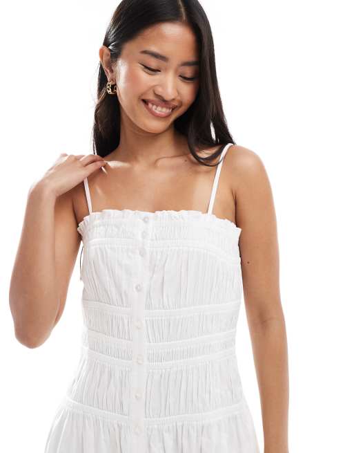 Miss Selfridge – Popeline-Maxikleid in Weiß mit gesmoktem Oberteil und durchgehender Knopfleiste, 4 von 4