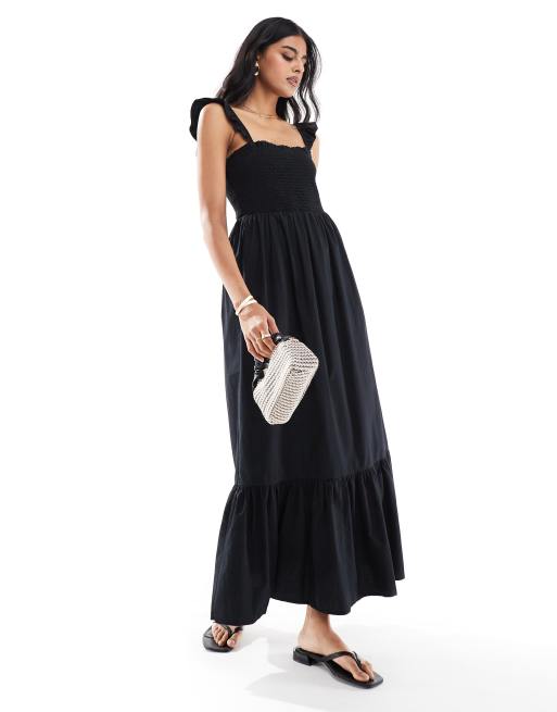 Miss Selfridge – Popeline-Sommerkleid in Schwarz mit schmalen Trägern
