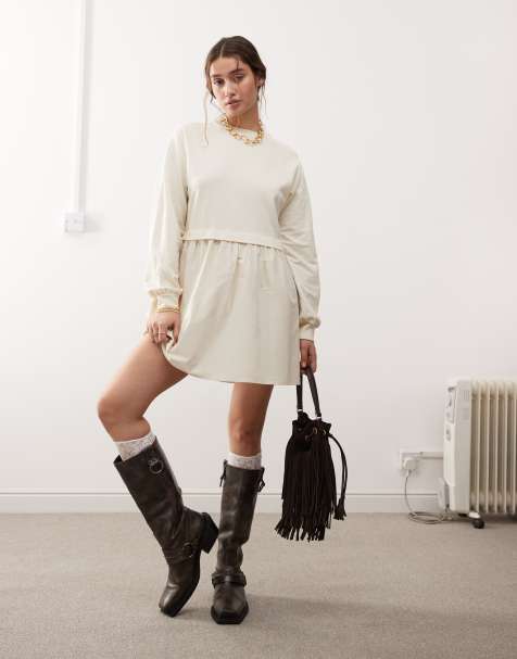 Miss Selfridge poplin and jersey mix smock dress in buttermilk - view 1