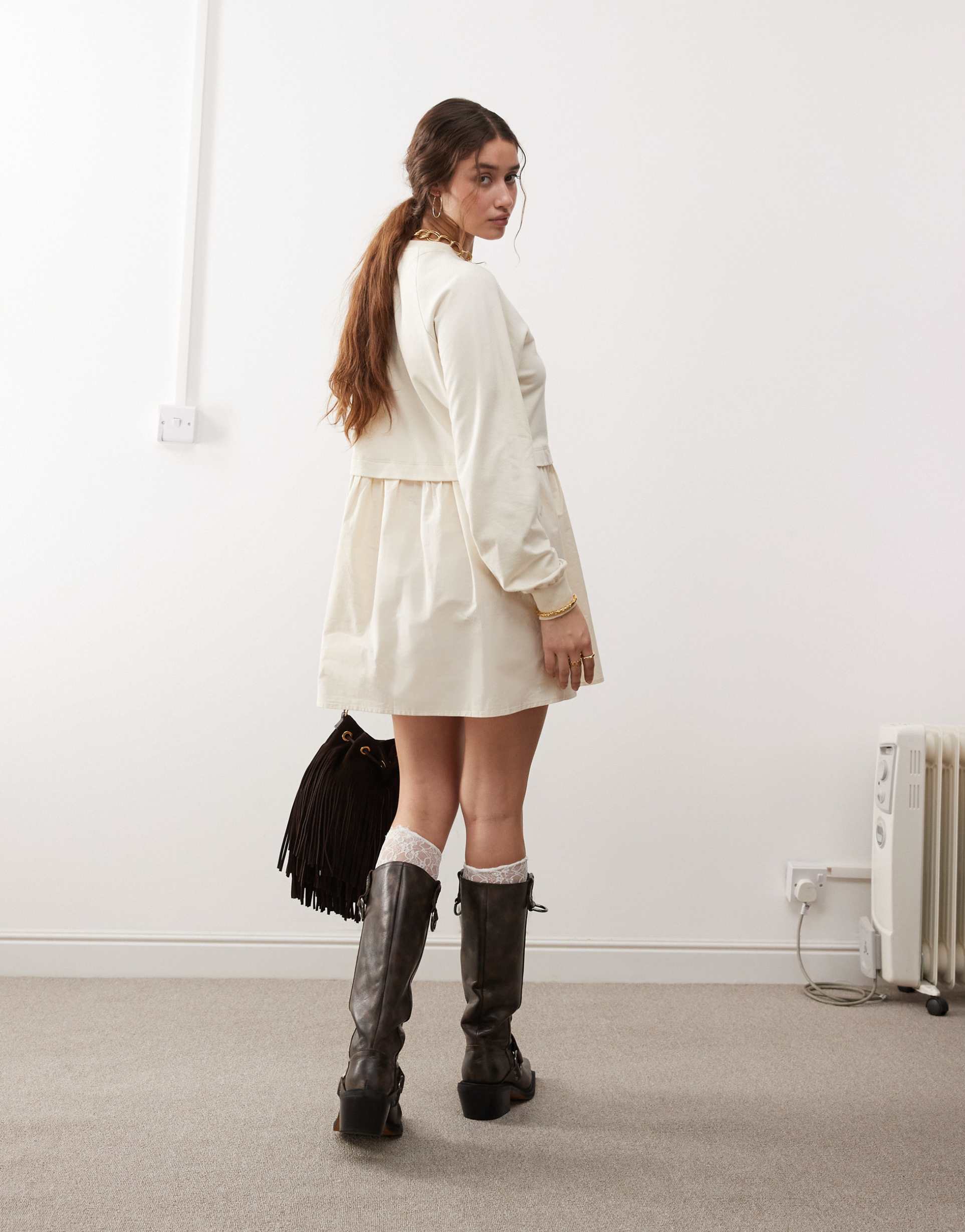 miss selfridge poplin and jersey mix smock dress in buttermilk
