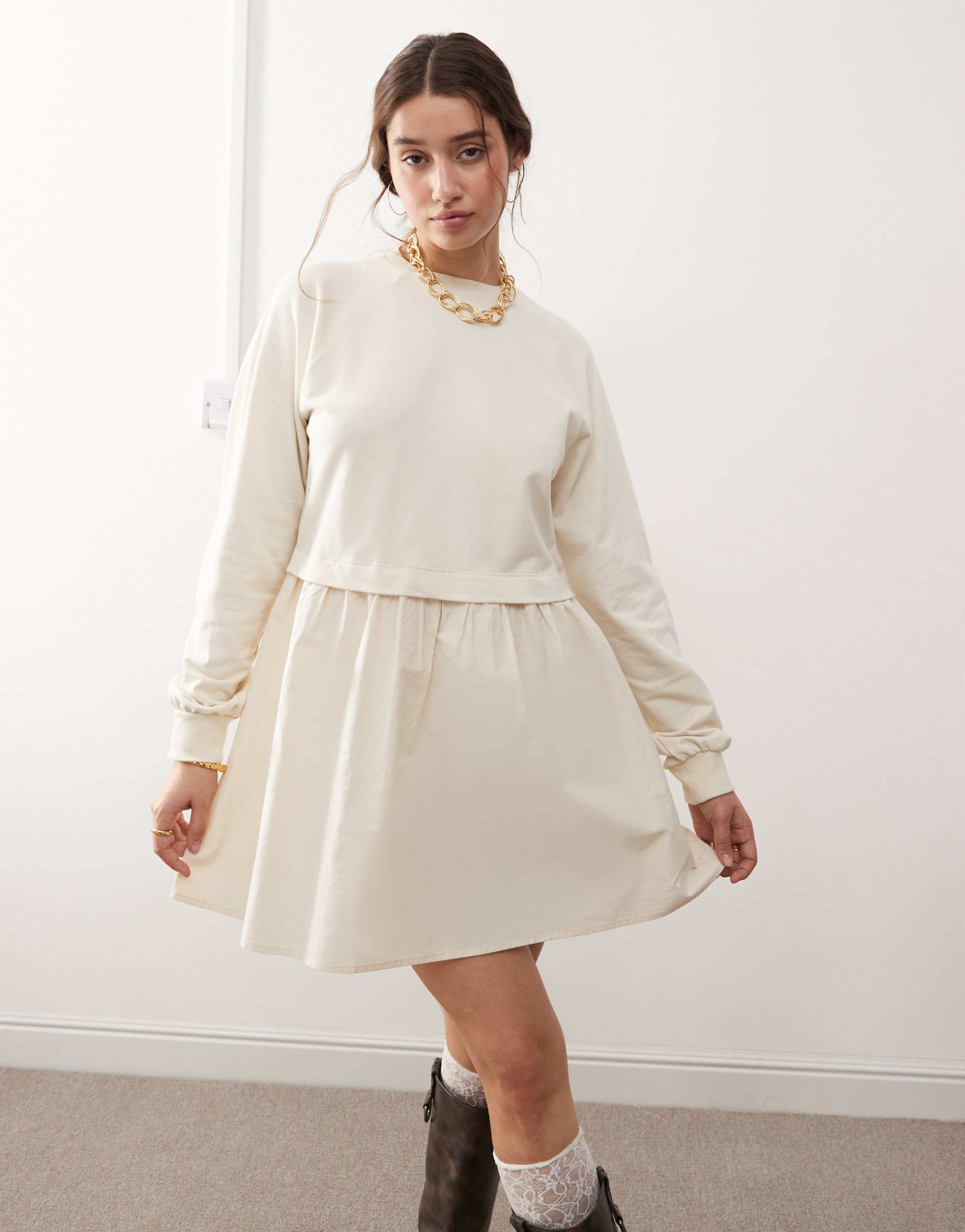 miss selfridge poplin and jersey mix smock dress in buttermilk