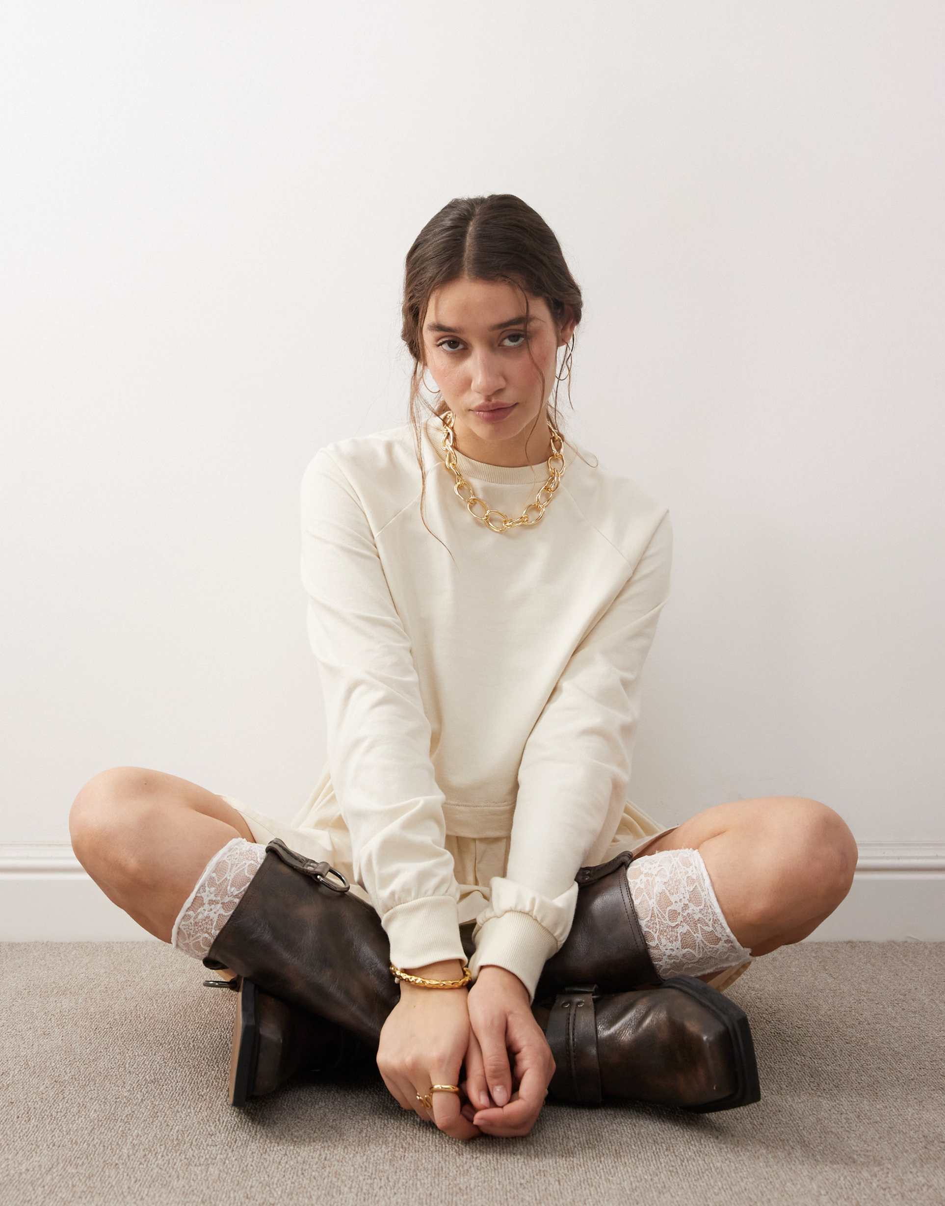 miss selfridge poplin and jersey mix smock dress in buttermilk