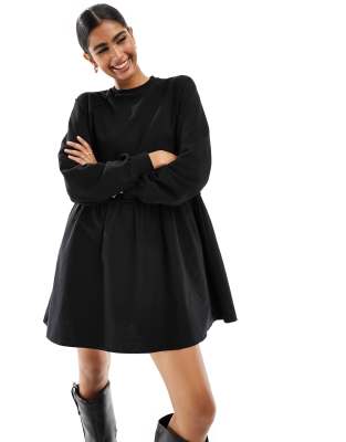 Miss Selfridge poplin and jersey mix smock mini dress in black