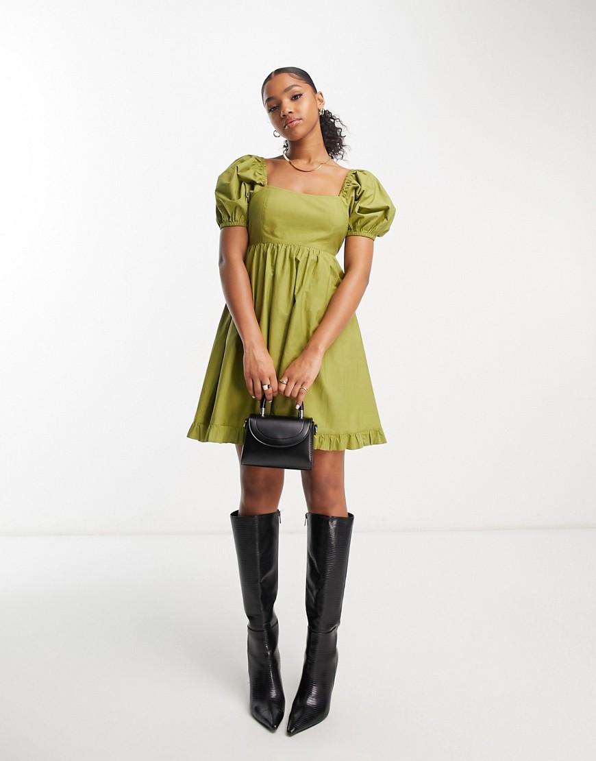 Miss Selfridge poplin babydoll smock dress in olive-Green