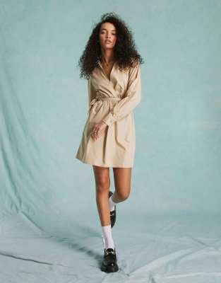 Miss Selfridge Poplin Ballet Wrap Mini Shirt Dress In Stone-neutral