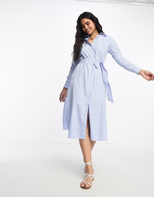 Blue White Striped Button Front Shirt Dress with Tie Waist