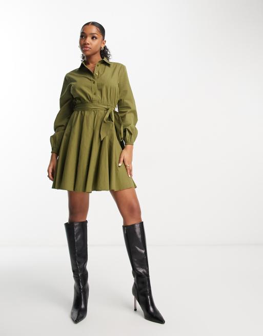 Miss Selfridge poplin button through belted shirt dress in khaki ASOS