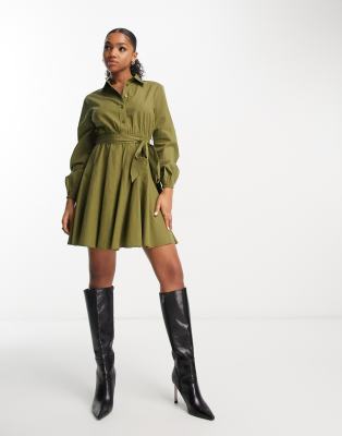 Miss Selfridge Poplin Button Up Belted Shirt Dress In Khaki-green