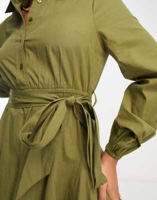 Miss Selfridge poplin button up belted shirt dress in khaki