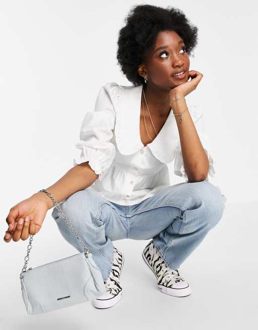 Miss Selfridge poplin collar shirt in ivory, 4 of 4