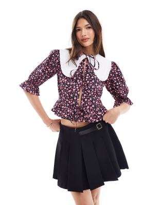 poplin collared tie front blouse in ditsy print-Multi