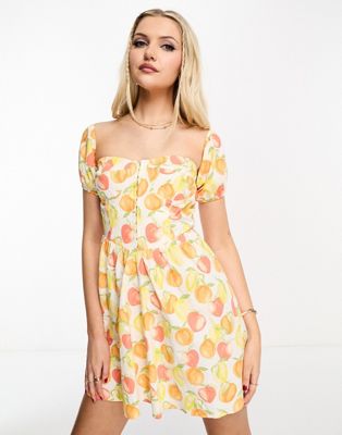 Miss Selfridge poplin corset puff sleeve mini dress in citrus fruit print