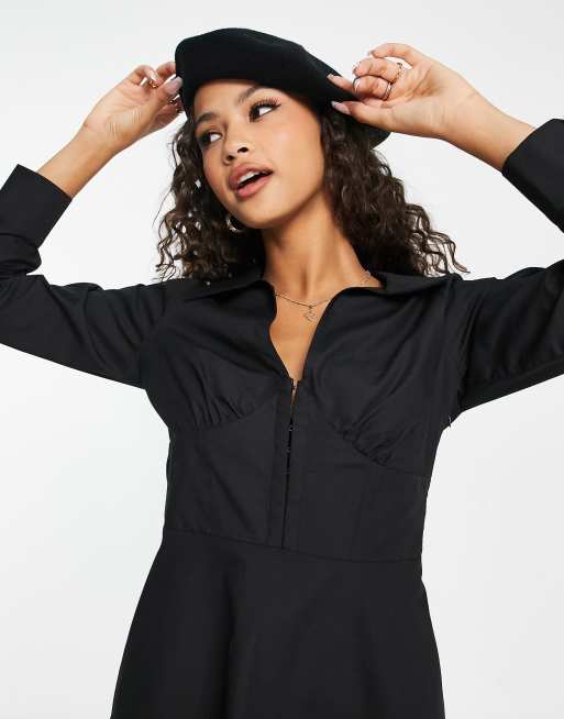 Miss Selfridge poplin corset shirt dress in black