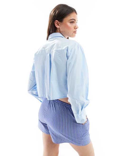 Miss Selfridge poplin cropped dropped pocket shirt in blue, 2 of 4