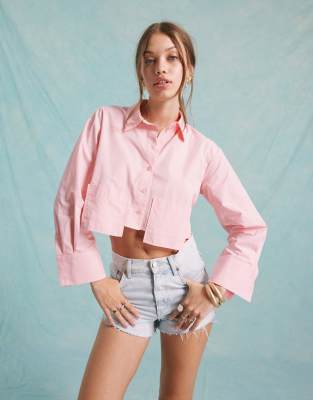 Miss Selfridge poplin cropped dropped pocket shirt in pink co ord