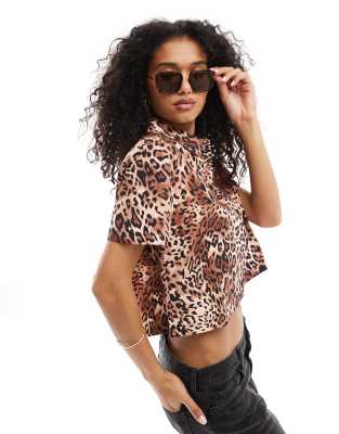 Miss Selfridge poplin cropped shirt in animal print co ord-Brown