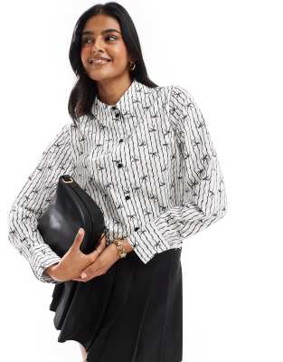 poplin cropped shirt in bow print-White