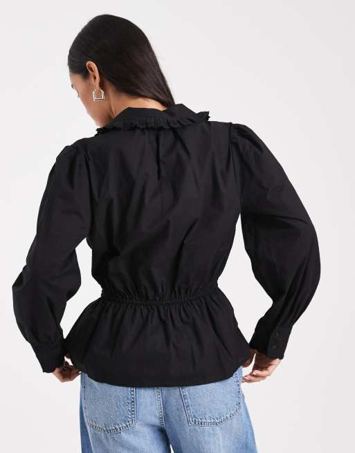 Miss Selfridge poplin embroidered peplum shirt in black, 4 of 4